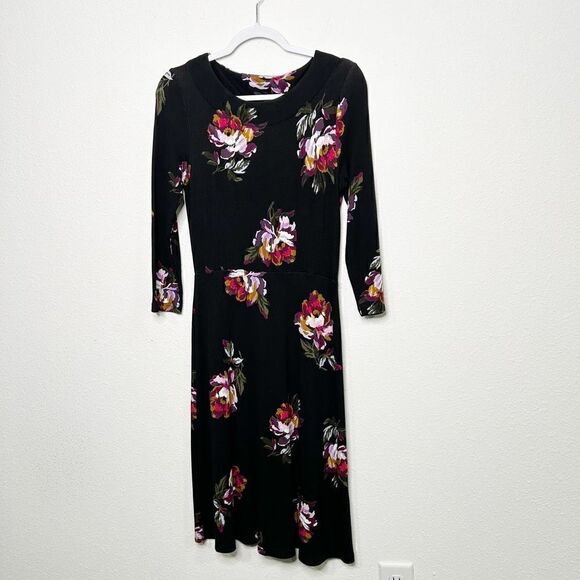 Joules Women’s Black Floral Long Sleeve A Line Midi Dress Size US 8 - Picture 1 of 12